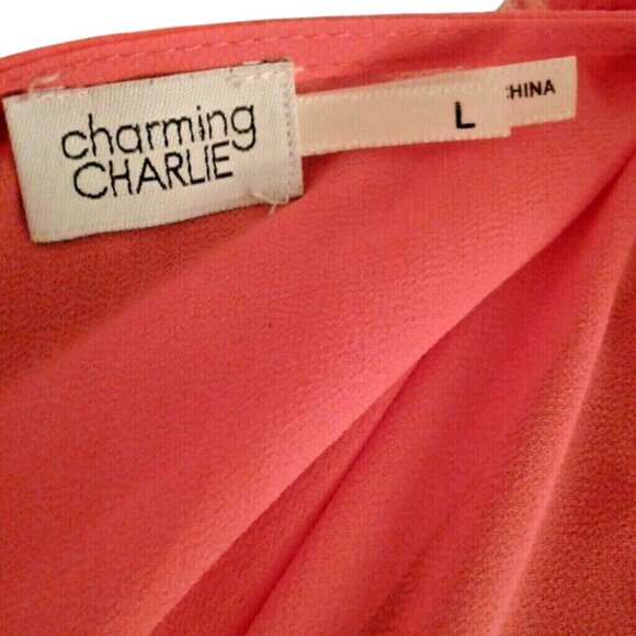 Charming Charlie Size L Top Womens Sleeveless Button Up Coral Sheer Hi Low Hem - Picture 7 of 9